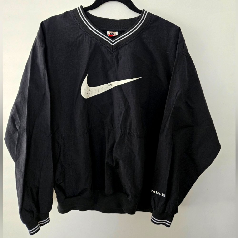 RARE VINTAGE 90s Nike Big Centre Swoosh Black Pullover Windbreaker Nike  On Cuff